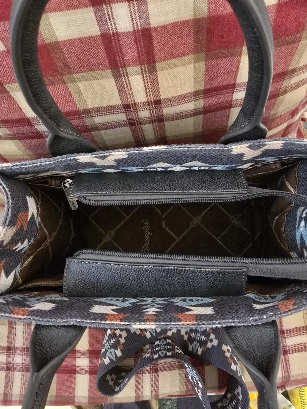 Wrangler Navy Aztec Satchel with Leather Trim
